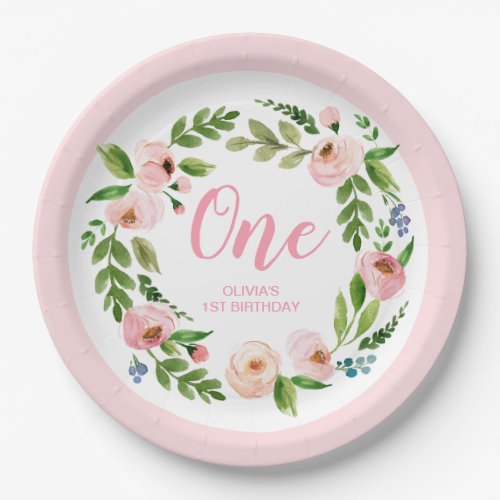 Pink Floral Wreath Peony 1st Birthday Party Paper Plates