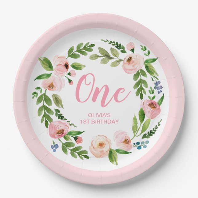 Pink Floral Wreath Peony 1st Birthday Party Paper Plates (Front)