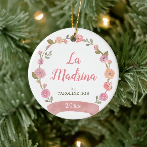 Pink Floral Wreath Personalized Spanish Godmother Ceramic Ornament