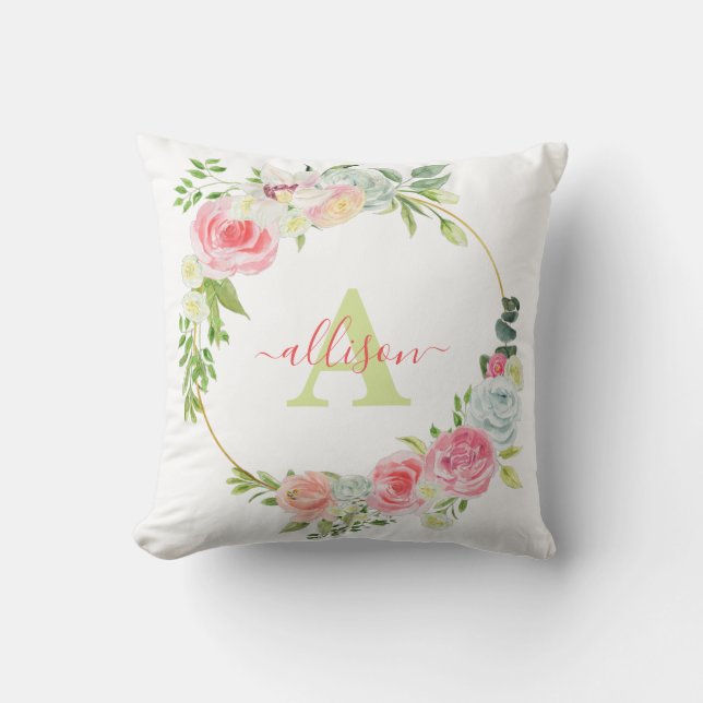 Pink floral wreath personalized throw pillow (Front)