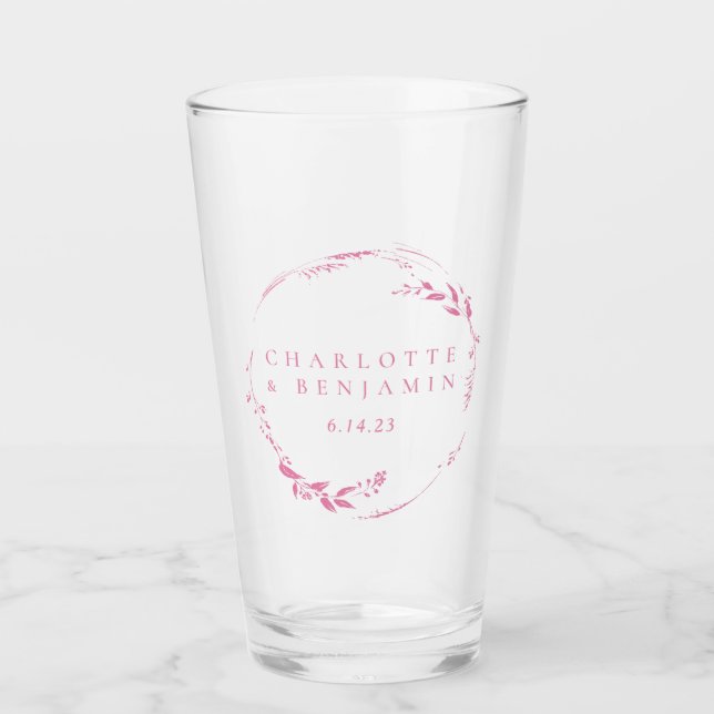 Pink Floral Wreath Personalized Wedding Date  Glass (Front)