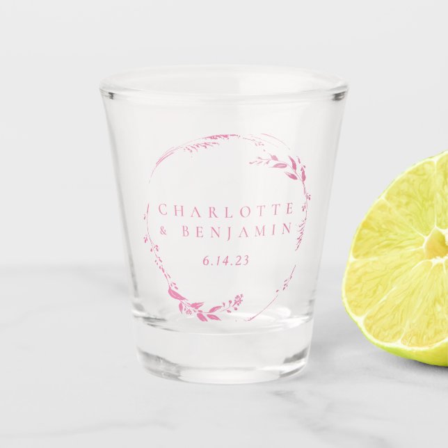 Pink Floral Wreath Personalized Wedding Date  Shot Glass (Front)