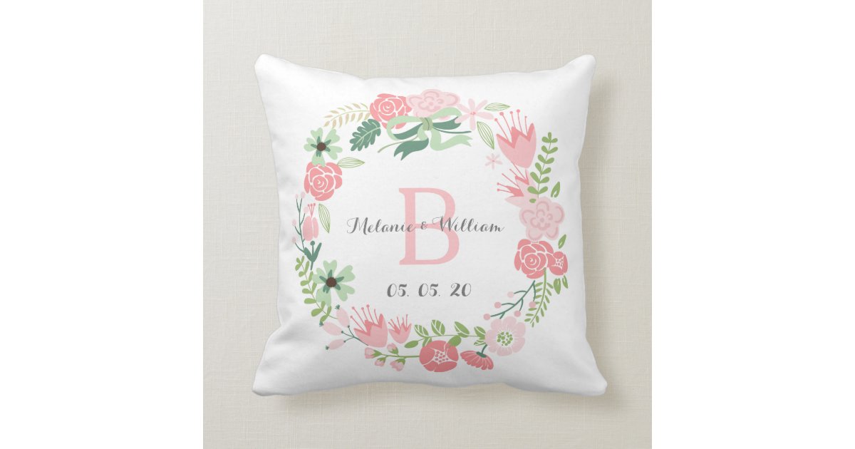 Pink Floral Wreath Personalized Wedding Pillow