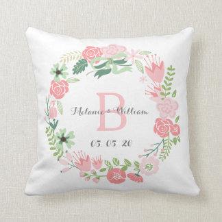 Pink Floral Wreath Personalized Wedding Pillow
