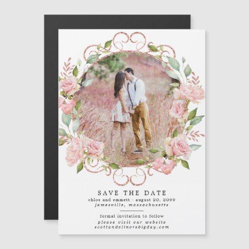 Pink Floral Wreath Save the Date Magnetic Card