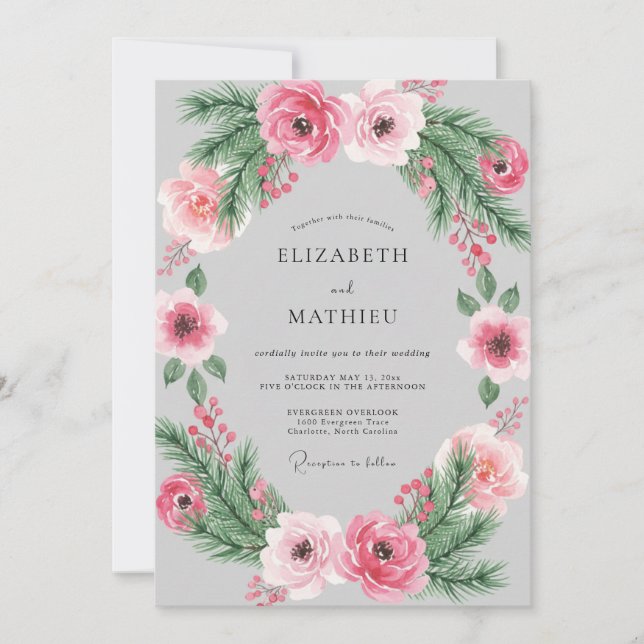 Pink Floral Wreath Spring Wedding Invitation (Front)