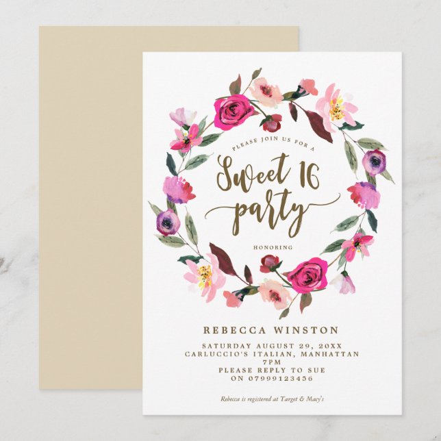 pink floral wreath sweet 16 party invite (Front/Back)