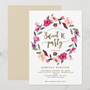 pink floral wreath sweet 16 party invite