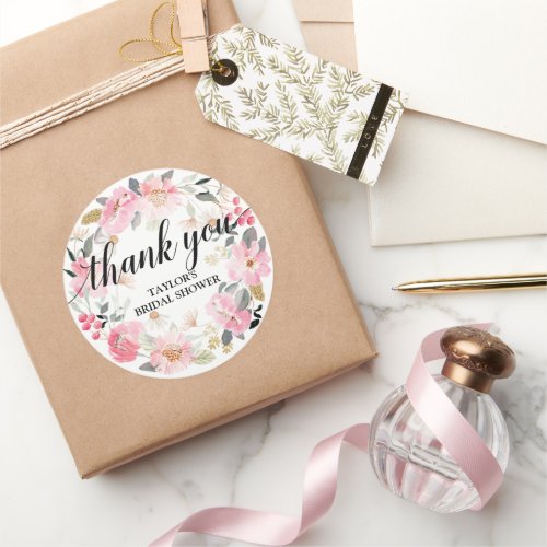 Pink Floral Wreath Thank You Classic Round Sticker