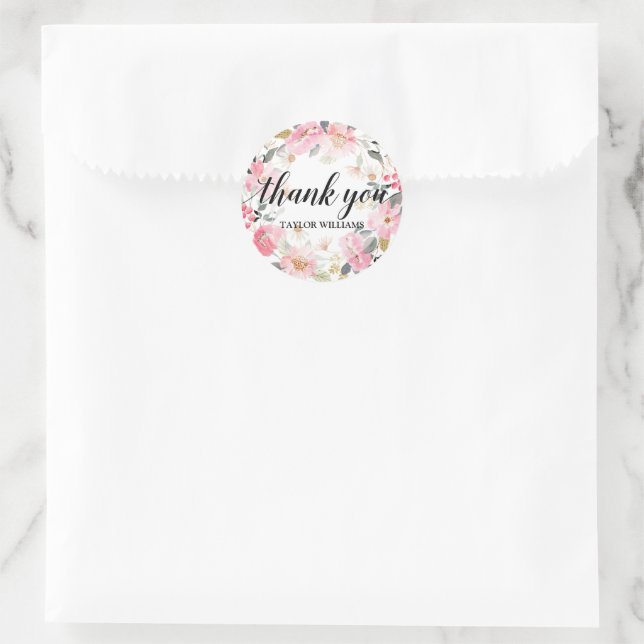 Pink Floral Wreath Thank You Classic Round Sticker (Bag)