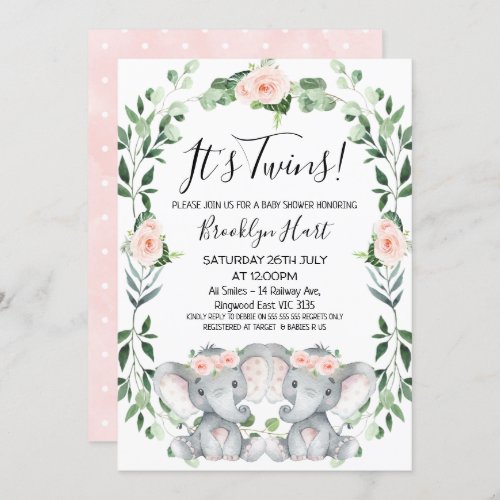 Pink Floral Wreath Twin Elephant Baby Shower Invitation