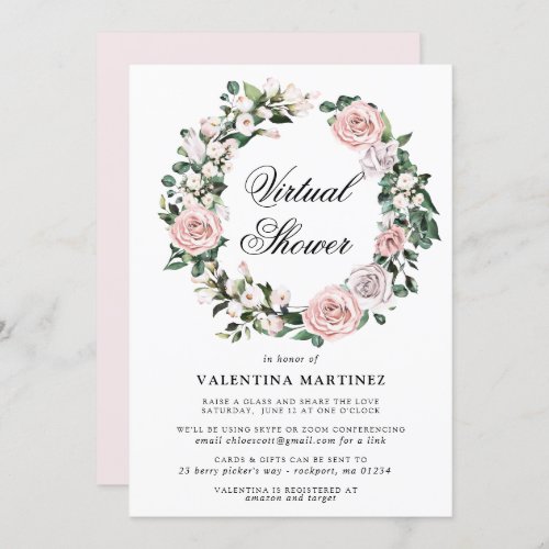 Pink Floral Wreath Virtual Bridal or Baby Shower Invitation