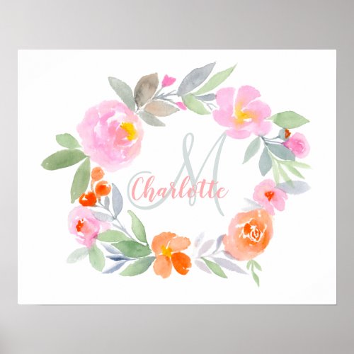 Pink floral wreath watercolor monogram name poster