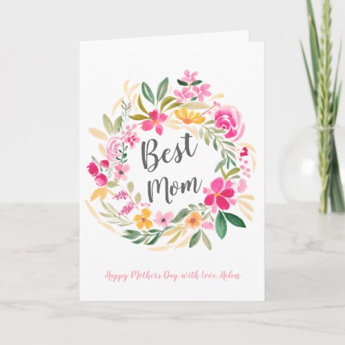 Pink floral wreath watercolor photo mothers day card