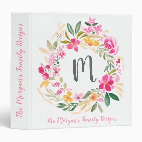 Pink floral wreath watercolor recipes monogram 3 ring binder