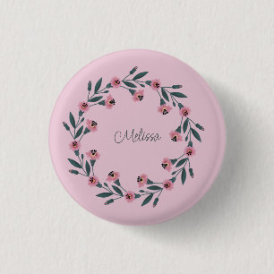 Pink Floral Wreath Watercolor Rose Wildflower Button