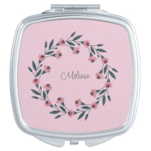 Pink Floral Wreath Watercolor Rose Wildflower Compact Mirror