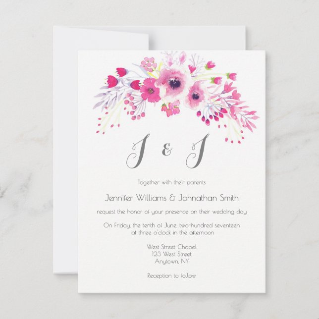 Pink floral wreath wedding invitations (Front)