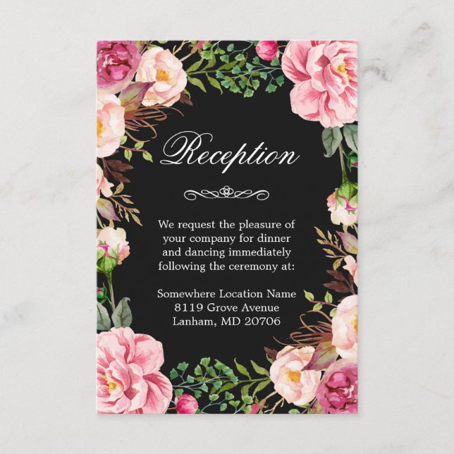 Pink Floral Wreath Wedding Reception Information Enclosure Card (Front)