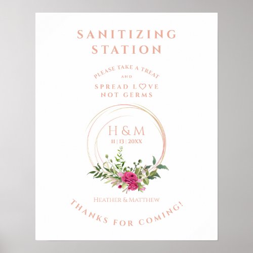 Pink Floral Wreath Wedding Sanitizing Gel Station Poster