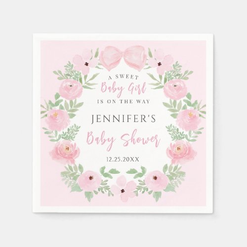 Pink floral wreath with cute bow baby girl shower napkins
