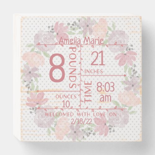 Pink Floral Wreath with Gray Polka Dot Birth Stats Wooden Box Sign