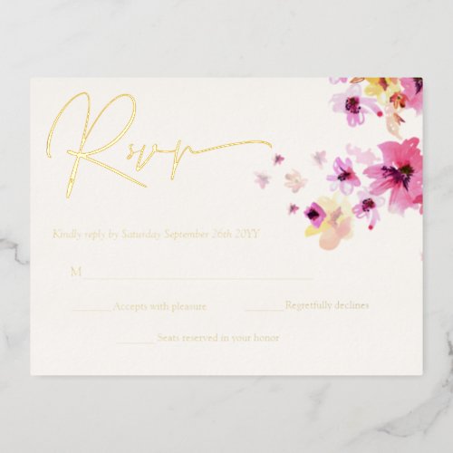 Pink floral Yellow Flowers Botanical RSVP Gold Foil Invitation Postcard