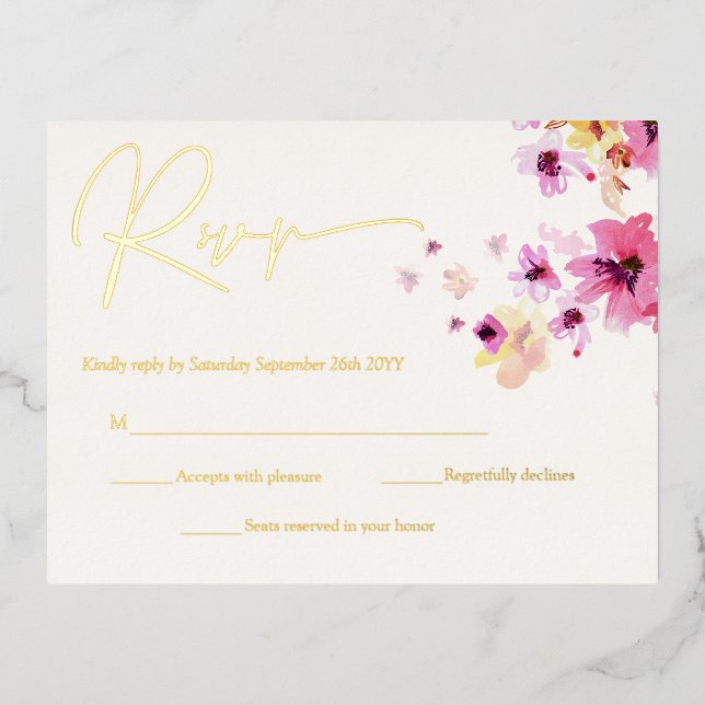 Pink floral Yellow Flowers Botanical RSVP Gold Foil Invitation Postcard (Front)
