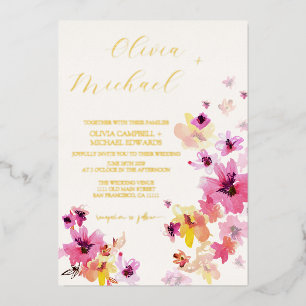 Pink floral Yellow Flowers Botanical Wedding Gold Foil Invitation