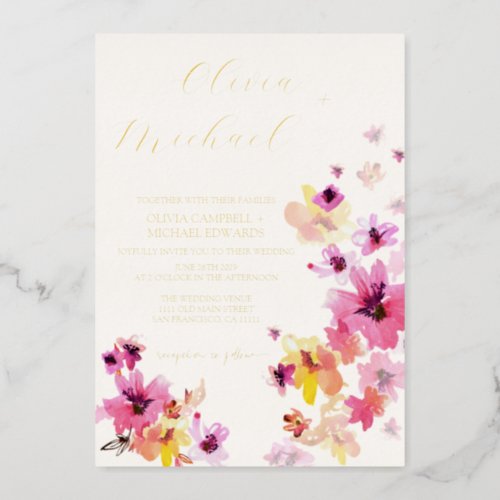 Pink floral Yellow Flowers Botanical Wedding Gold Foil Invitation