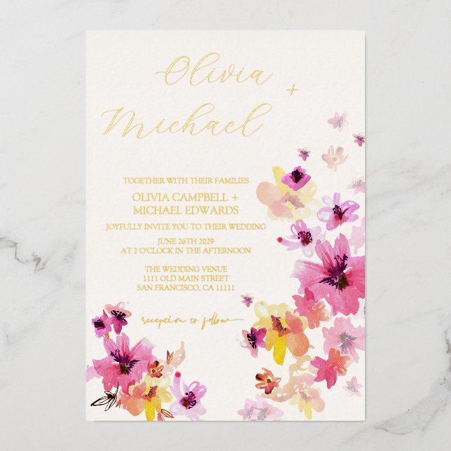 Pink floral Yellow Flowers Botanical Wedding Gold Foil Invitation (Front)
