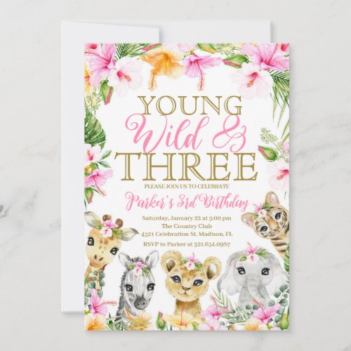 Pink Floral Your Wild  Three Jungle Birthday Girl Invitation