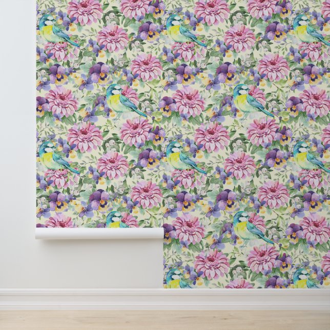 Pink Floral Zinnia Flowers Purple Pansies Birds  Wallpaper (Application)
