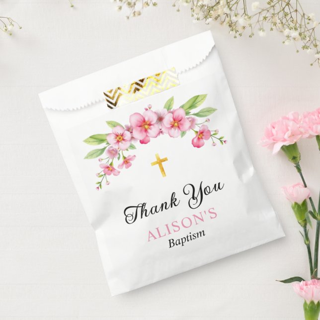 Pink florals and gold cross girl baptism Thank You Favor Bag (Sealed)