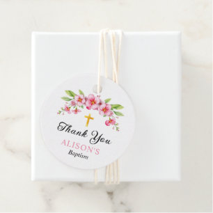 Pink florals and gold cross girl baptism Thank You Favor Tags