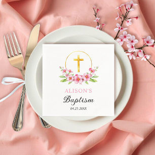 Pink florals and gold cross girl floral baptism  napkins