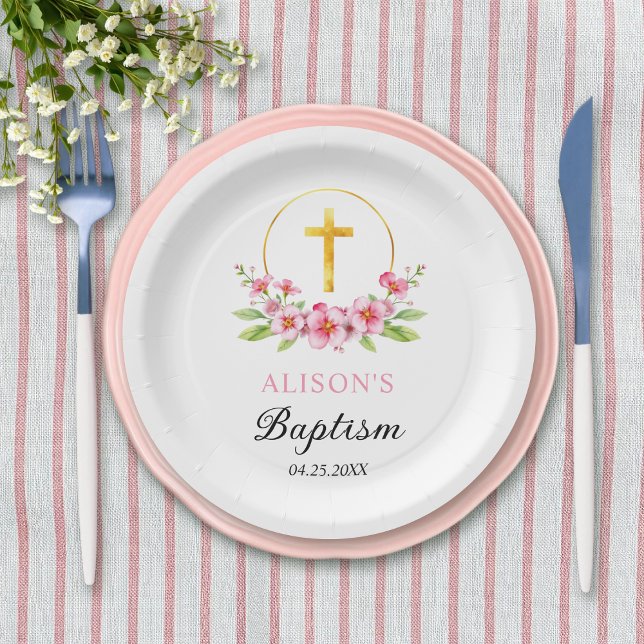Pink florals and gold cross girl floral baptism  paper plates (Creator Uploaded)