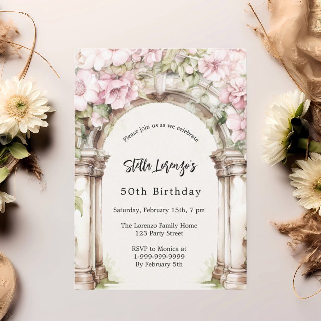 Pink florals arch beige birthday invitation (Creator Uploaded)