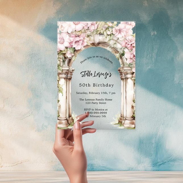 Pink florals arch beige clear birthday acrylic invitations (Creator Uploaded)