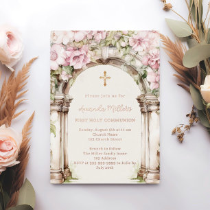 Pink florals arch beige First Communion rose gold Foil Invitation