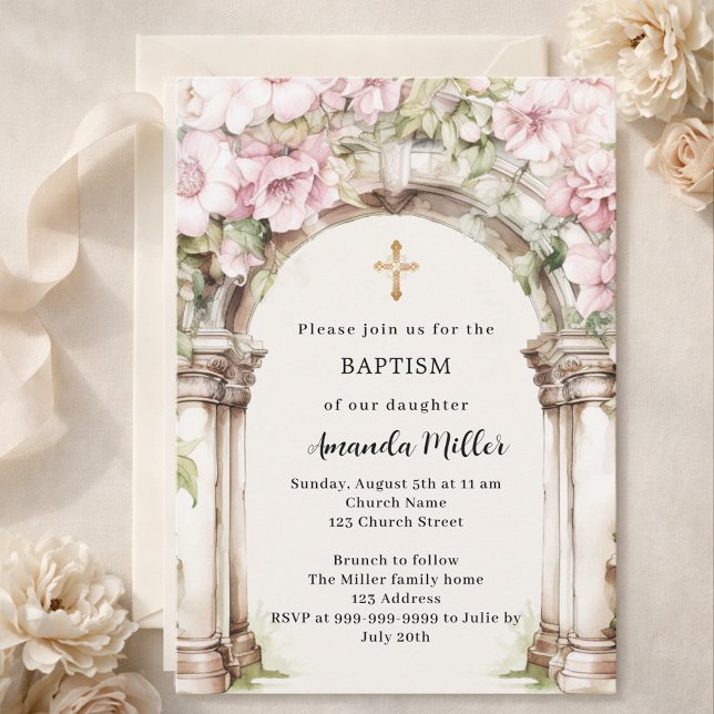 Pink florals arch beige girl Baptism Invitation (Creator Uploaded)