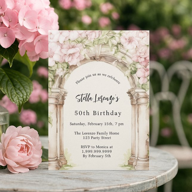 Pink florals arch beige luxury birthday invitation (Creator Uploaded)