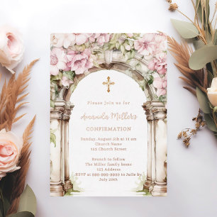 Pink florals arch beige rose gold Confirmation Foil Invitation