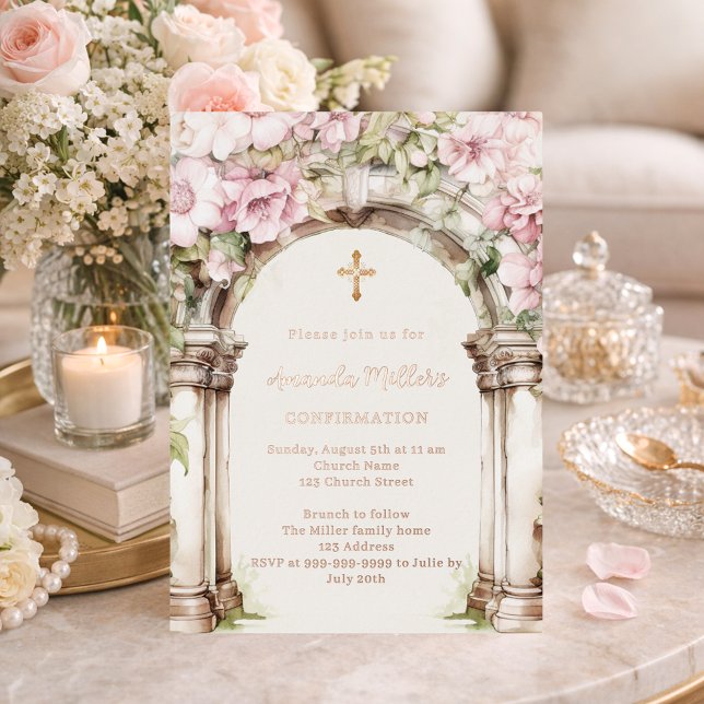 Pink florals arch beige rose gold Confirmation Foil Invitation (Creator Uploaded)