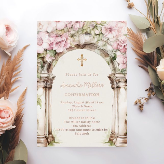 Pink florals arch beige rose gold Confirmation Foil Invitation (Creator Uploaded)