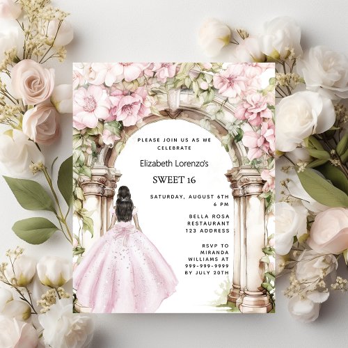 Pink florals arch dress Sweet 16 invitation