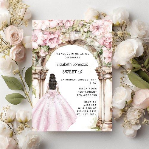 Pink florals arch dress Sweet 16 Invitation Postcard