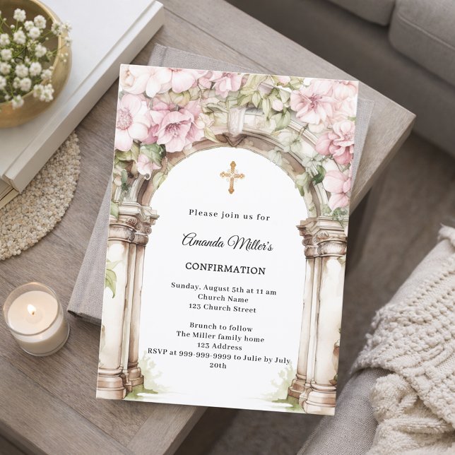 Pink florals arch girl Confirmation Invitation (Creator Uploaded)