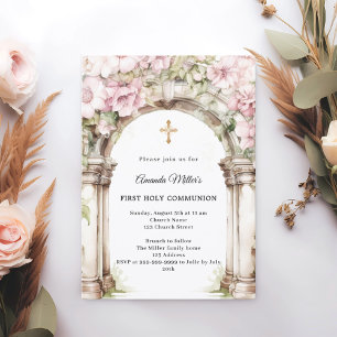 Pink florals arch girl First Communion Invitation