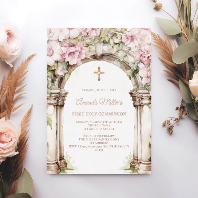 Pink florals arch girl First Communion rose gold Foil Invitation (Creator Uploaded)